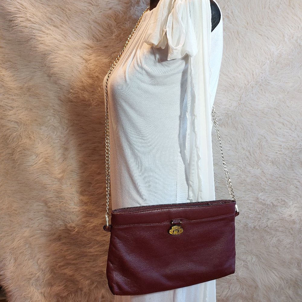Vintage Etienne Aigner Burgundy Red Leather Clutch Metal Chain Crossbody Bag